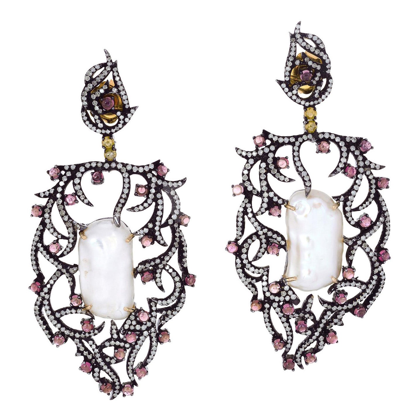 Dangle Earring With Center Stone Pearl, Pink Tourmaline & Pave Diamonds For Sale