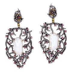 Dangle Earring With Center Stone Pearl, Pink Tourmaline & Pave Diamonds