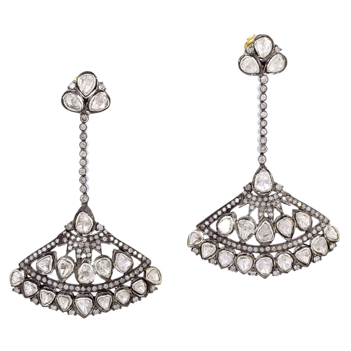 Fan Shape Dangle Drop Earrings with Pave Diamonds Made in 18k Gold & Silver For Sale