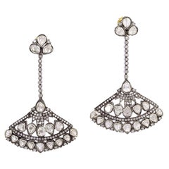 Fan Shape Dangle Drop Earrings with Pave Diamonds Made in 18k Gold & Silver