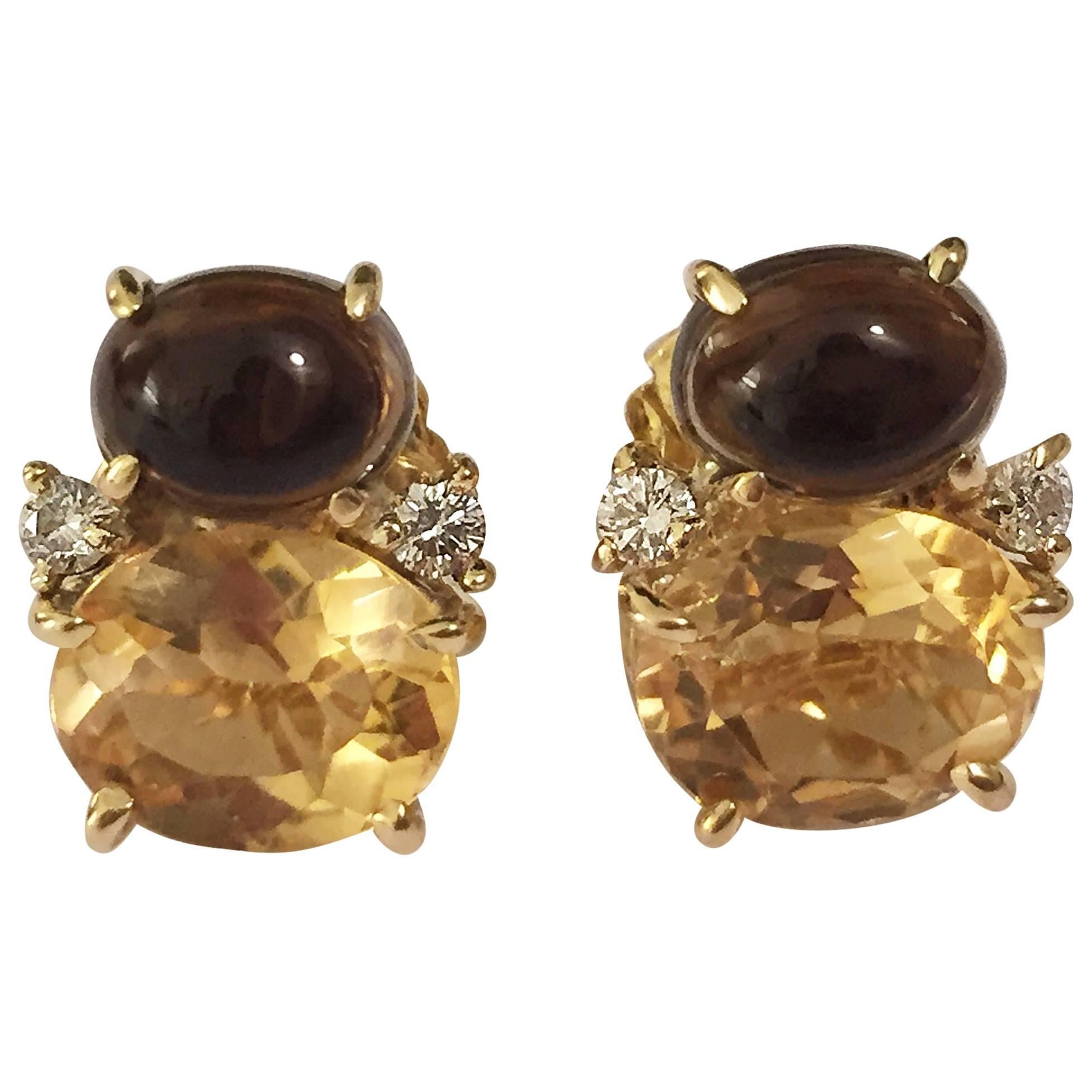 Mini GUM DROP ADELE Earrings with Citrine and Cabochon Smokey Topaz and Diamond For Sale