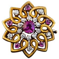 Antique Russian Ruby Diamond Gold Brooch Pin C1890 1