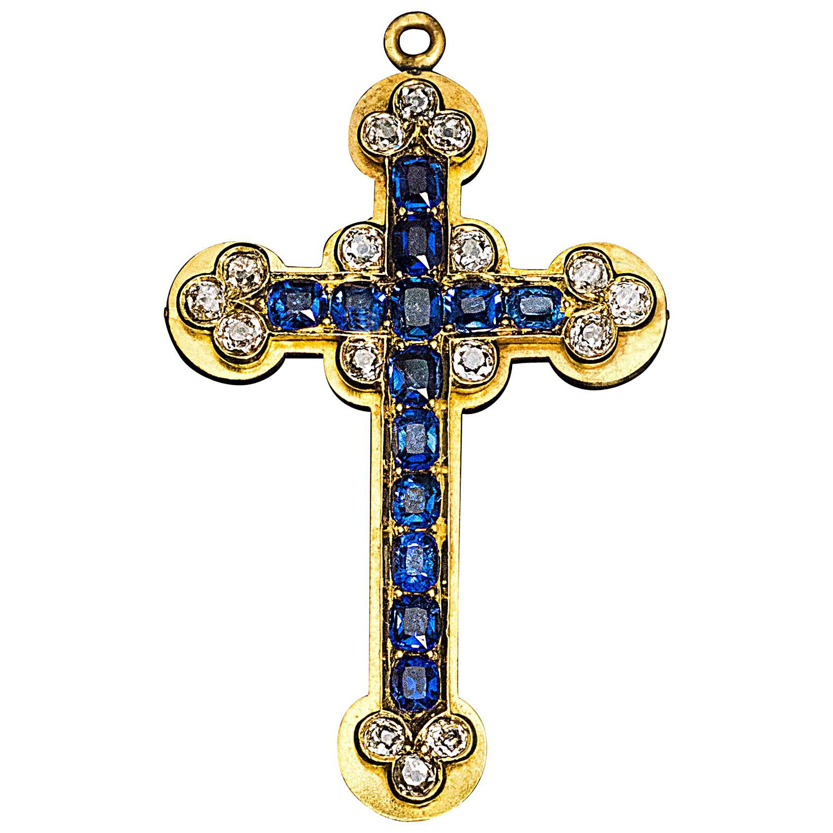 Antiker russischer Saphir-Diamant-Gold-Kreuz-Anhänger