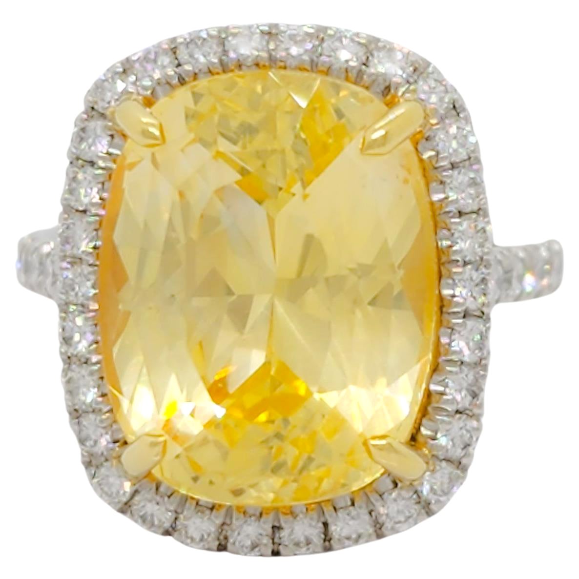 GIA Sri Lanka Yellow Sapphire Cushion and Diamond Cocktail Ring For Sale