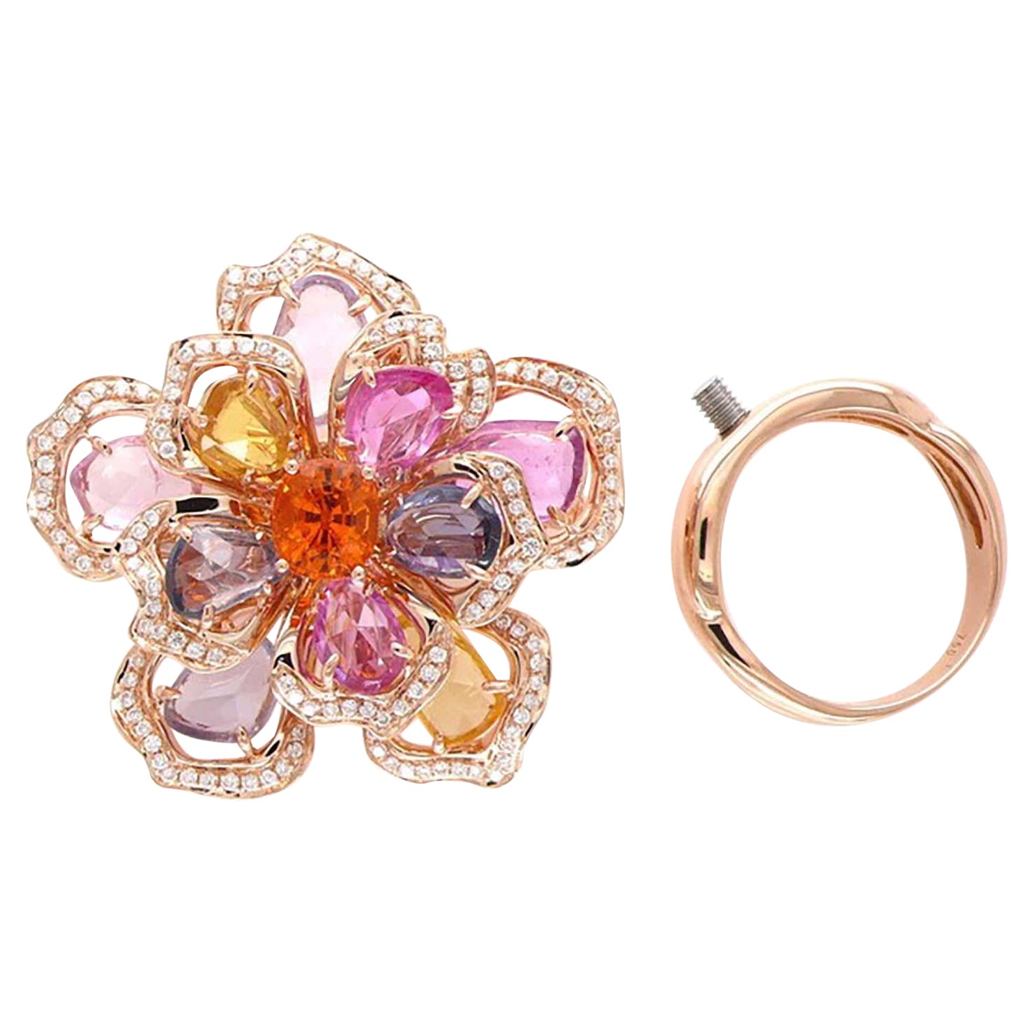 3in1 Flower Collection Pendant Brooch Ring with Multicolor and Mandarin Sapphire For Sale