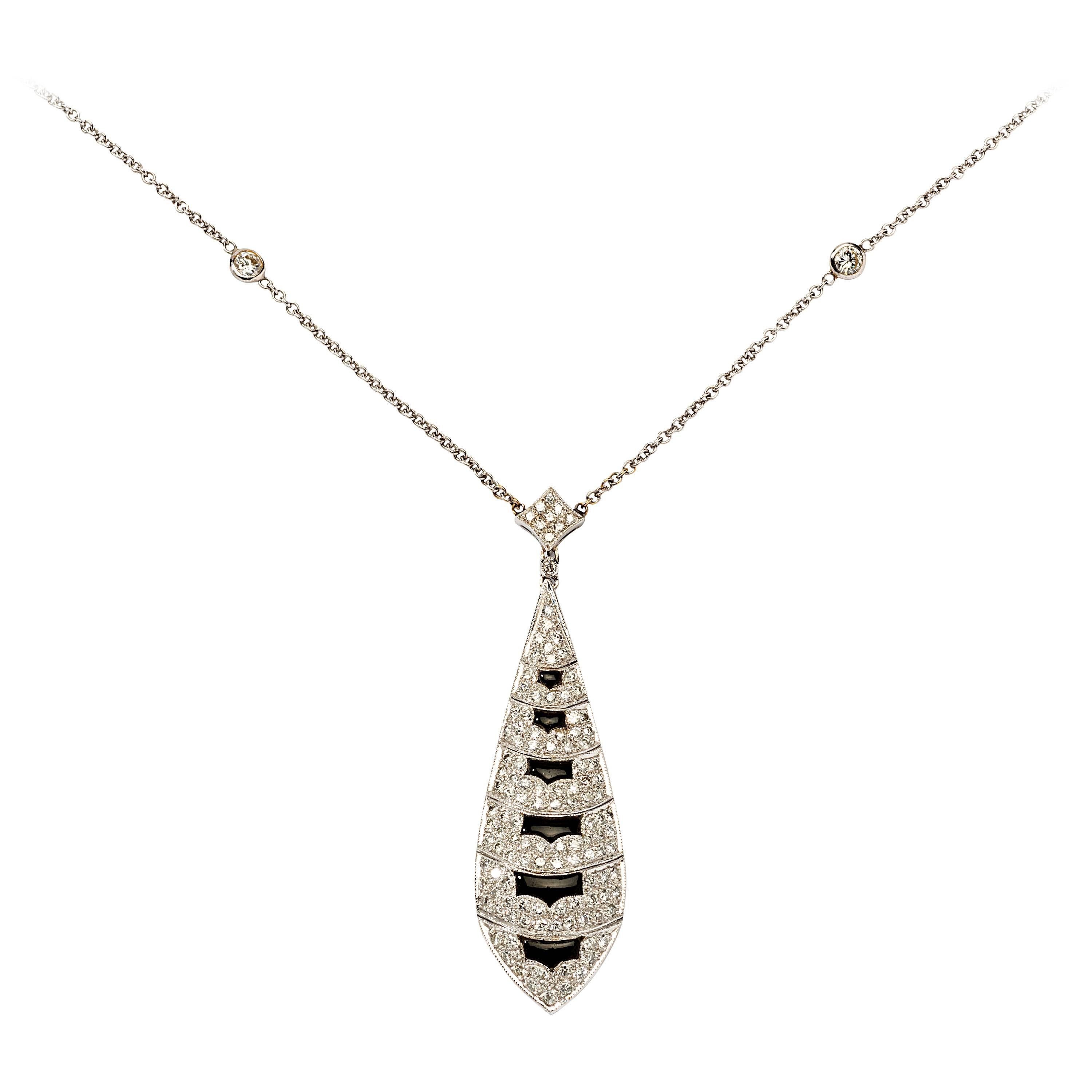 Art Deco Diamond Onyx Gold Pendant with Chain