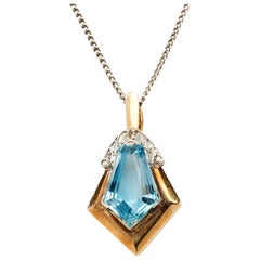Art Deco Aquamarine Diamonds Gold Pendant