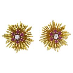 1950s Classic Ruby Diamond Gold Earrings