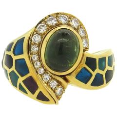 Gaudi Green Tourmaline Enamel Diamond gold Mosaic Ring 