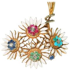 Enamel Ruby Turquoise Sapphire Emerald Gold Floral Pin