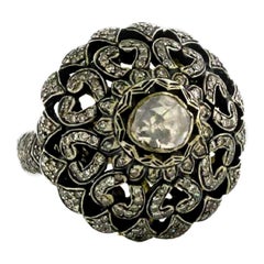 Ornate Pave Diamond Ring In Oxidized Silver & Gold With Rose Cut Center Diamond