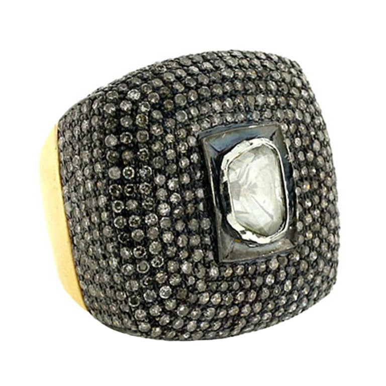 Square Shaped Ring with Center Diamond Surrounded by Micro Pave Diamonds For Sale