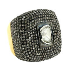 Square Shaped Ring with Center Diamond Surrounded by Micro Pave Diamonds
