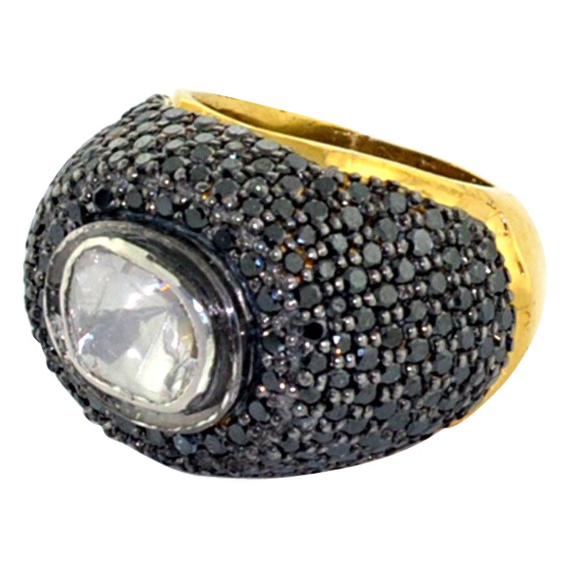 Signet Style Ring with Rose Cut Center Diamond Surrounded by Black Pave Diamonds For Sale