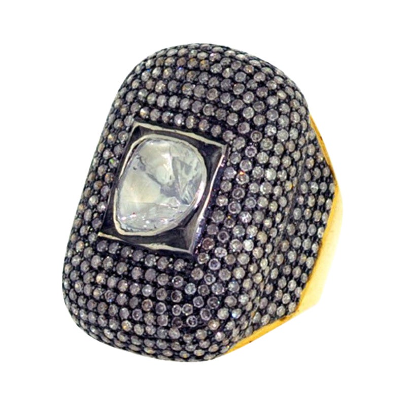 18k Gold Ornamental Style Ring with Center Diamond Enclosed by Pave Diamonds For Sale