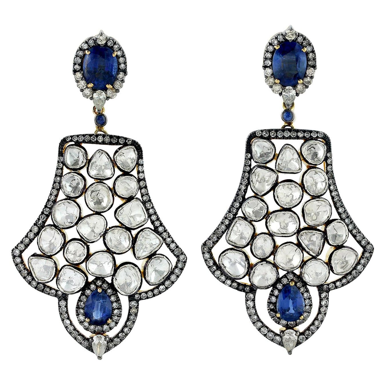 Rose Cut Diamonds Earrings with Kyanite & Sapphire Made in 18k Gold & Silver For Sale