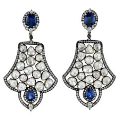Rose Cut Diamonds Earrings with Kyanite & Sapphire Made in 18k Gold & Silver