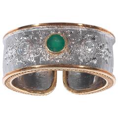 Buccellati Emerald Diamond Tricolored Gold Band Ring