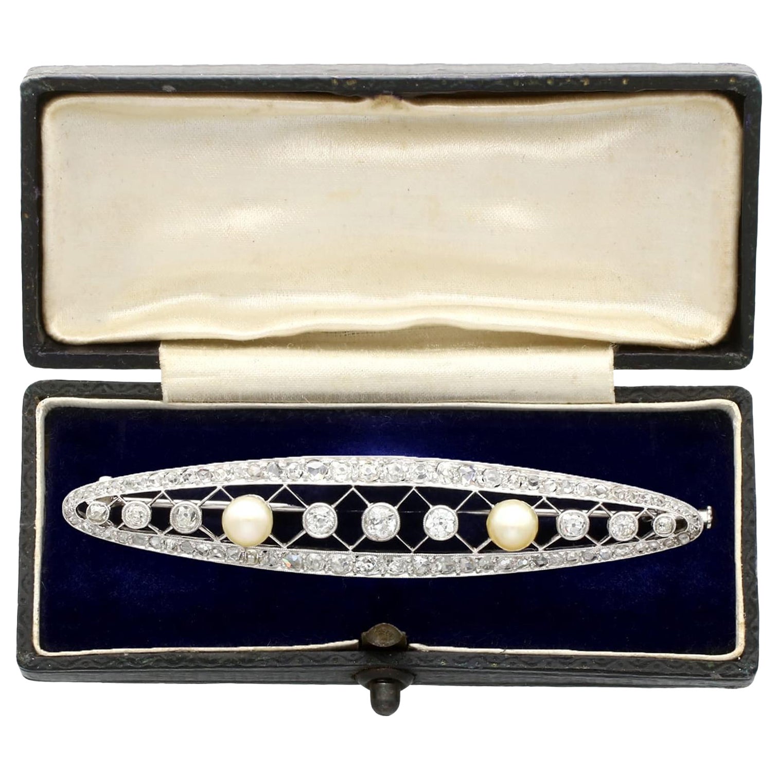 1920s, Antique French 3.46 Carat Diamond and Natural Pearl Platinum Brooch For Sale