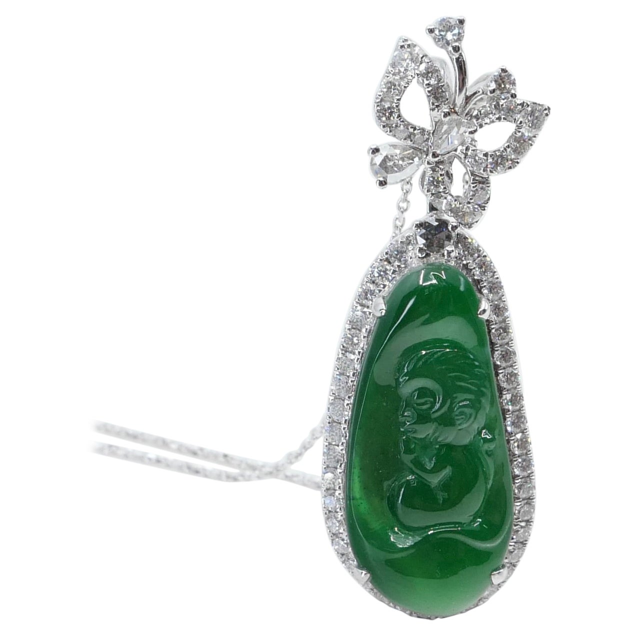 Important Certified Imperial Green Jade Monkey and Diamond Pendant Necklace For Sale