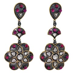 Pink Tourmaline and Polki Diamonds Flower Shaped Earrings in 14k Gold and Silver