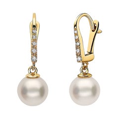 Freshwater White Pearl Earrings with 14K Yellow Gold and .08ctw Diamond