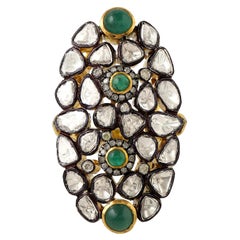 Ornamental Style Cocktail Ring with Emerald & Diamonds Made in Gold & Silver