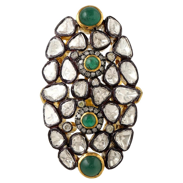 Cocktail ring with diamonds and emeralds set in gold and silver, 2022, offered by Artisan NYC