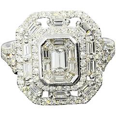 Emerald and Baguette cut diamond gold Halo Ring