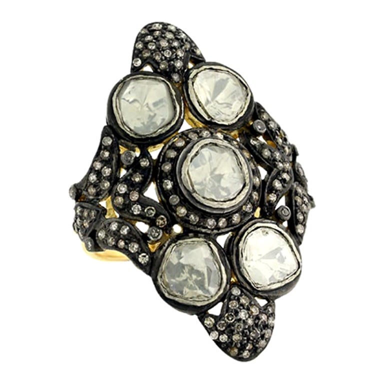 Designer Vintage Style Long Ring with Pave Diamonds Made in 18k Gold & Silver For Sale