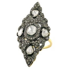 Vintage Design Long Ring with Rose Cut Diamonds & Pave Diamonds