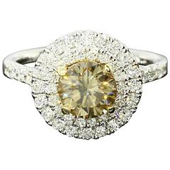 1.82ctw Fancy Champagne Round Diamond Double Halo Gold Engagement Ring