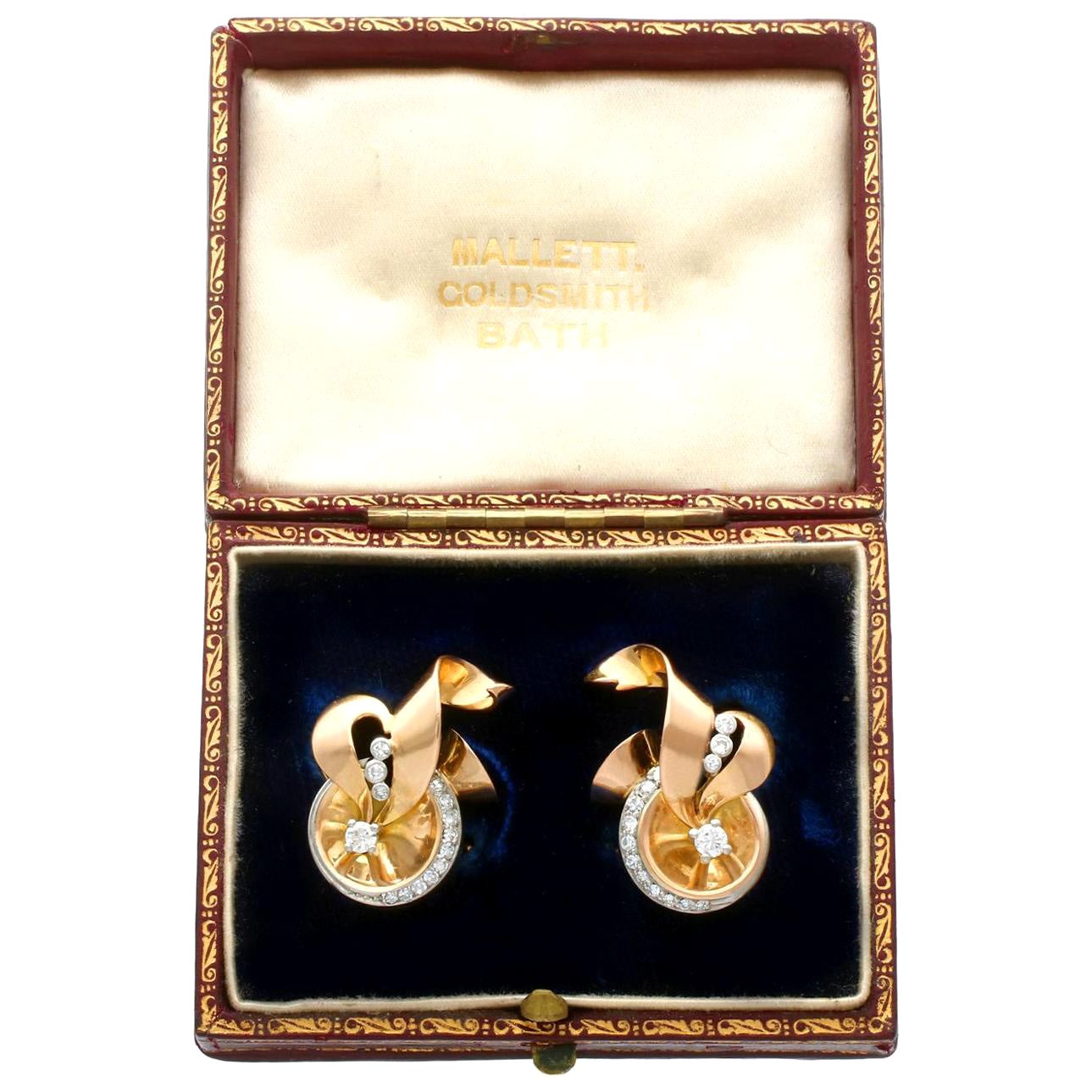 Boucles d'oreilles en or jaune et diamants des années 1940, style Art déco