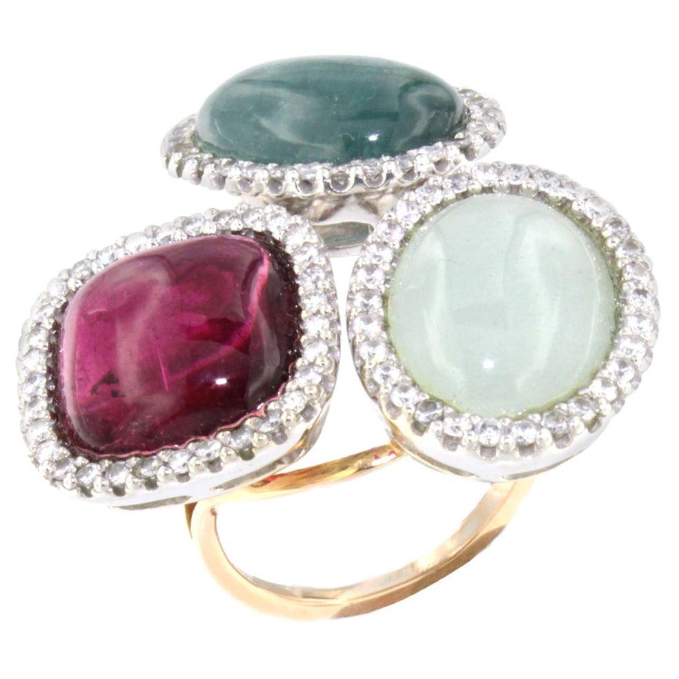 18k White Yellow Gold Aquamarine Milk Tourmaline White Diamonds Cocktai Ring