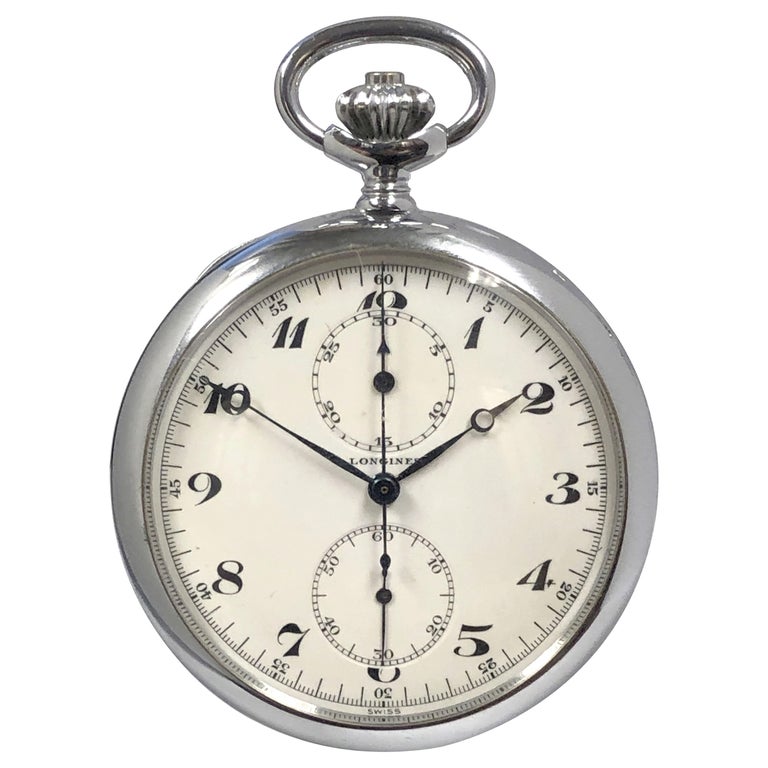 Longines Vintage Steel Chronograph Pocket Watch with Original Box and