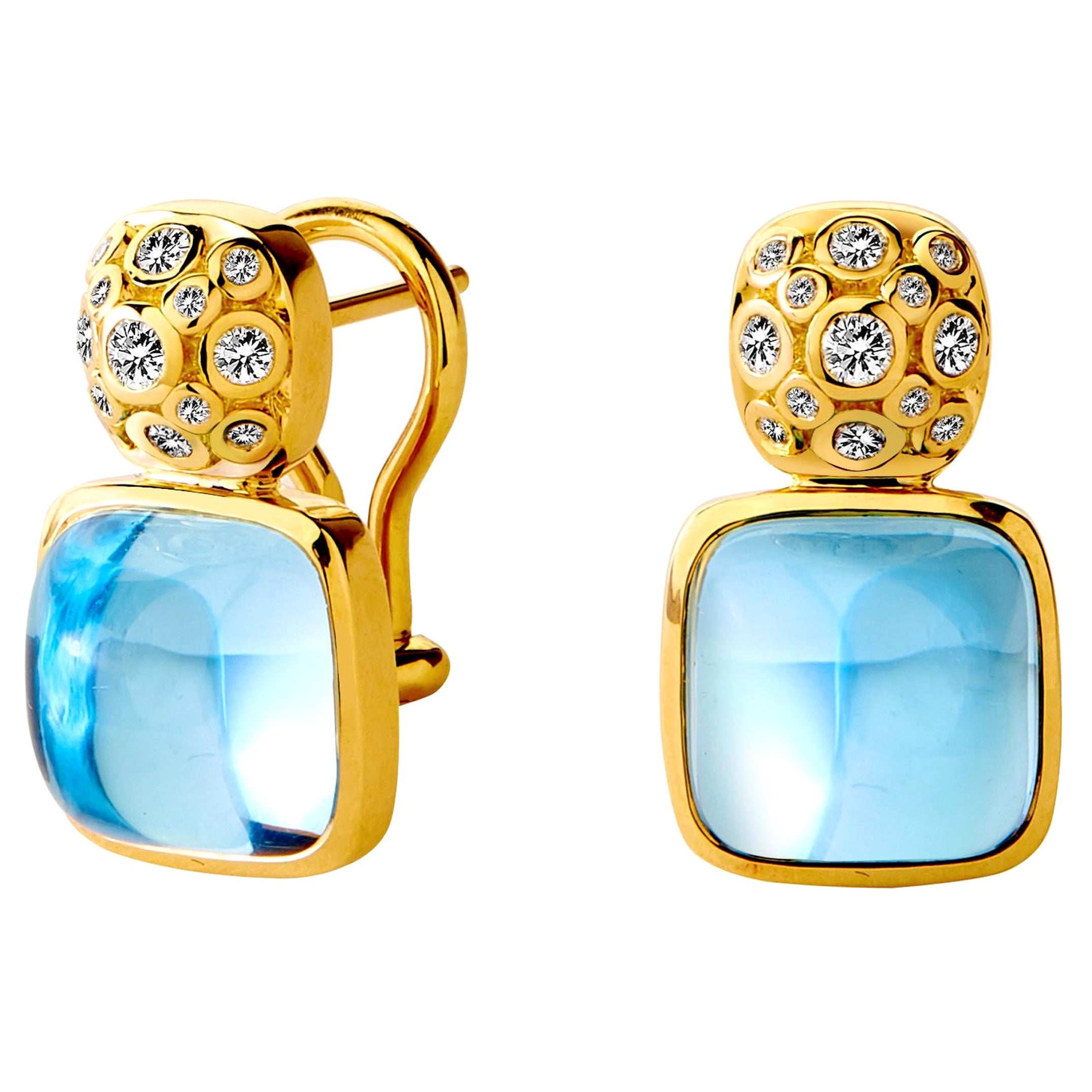 Syna Yellow Gold Earrings with Blue Topaz and Diamonds For Sale