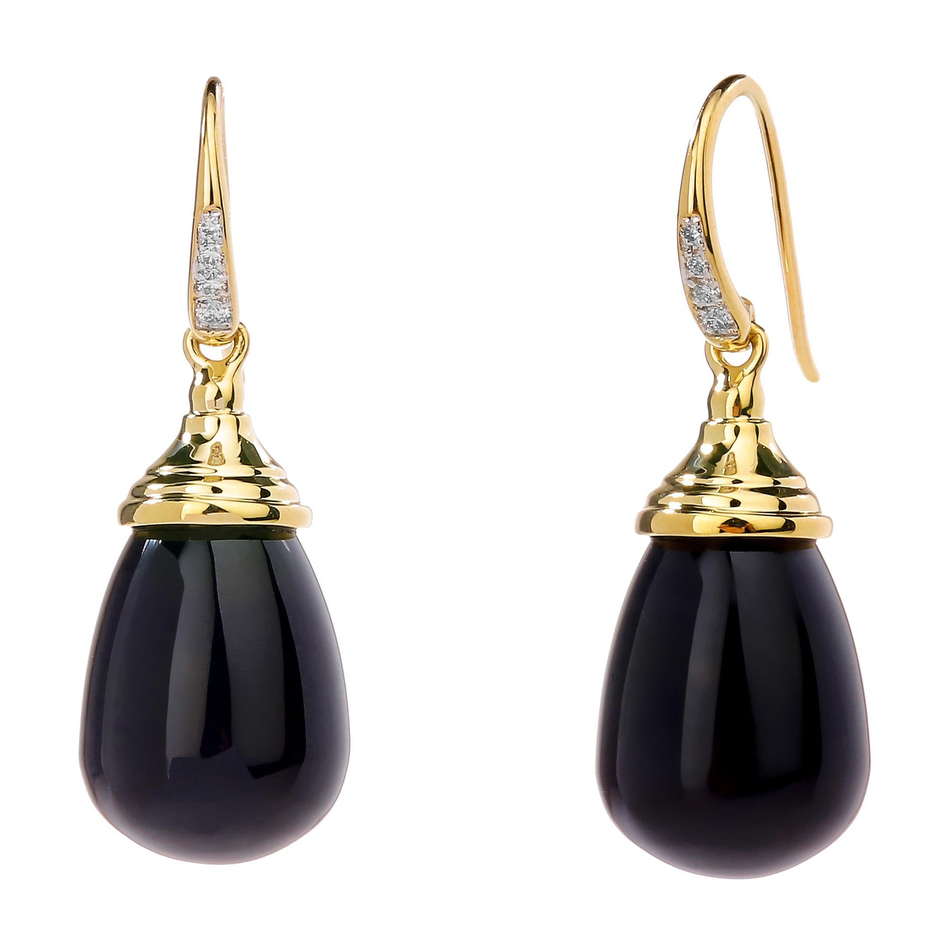Syna Yellow Gold Black Onyx Drop Earrings with Diamonds For Sale