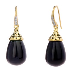Syna Yellow Gold Black Onyx Drop Earrings with Diamonds