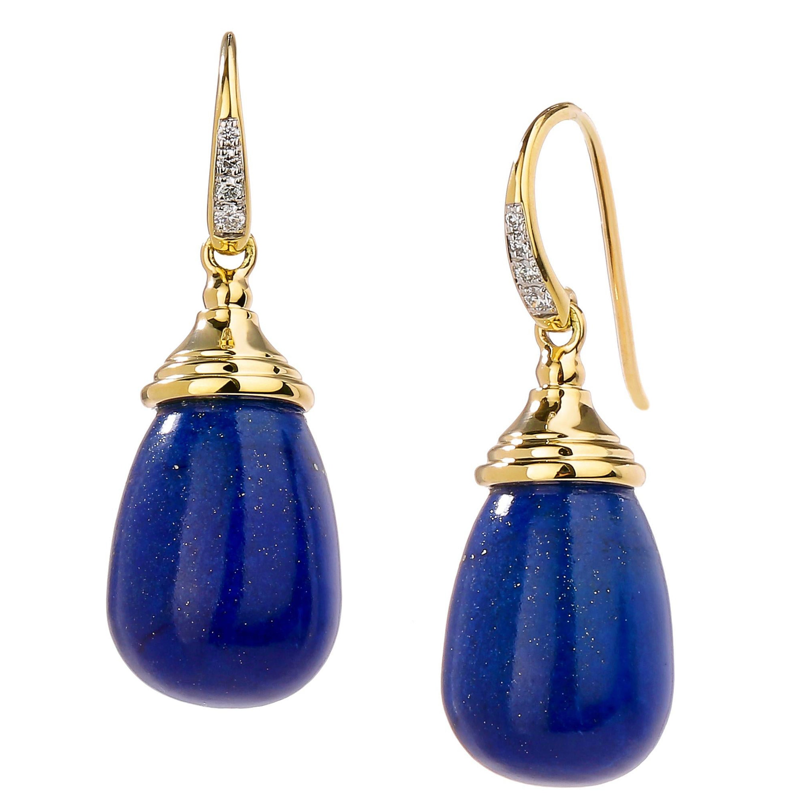 Syna Yellow Gold Lapis Lazuli Drop Earrings with Diamonds For Sale