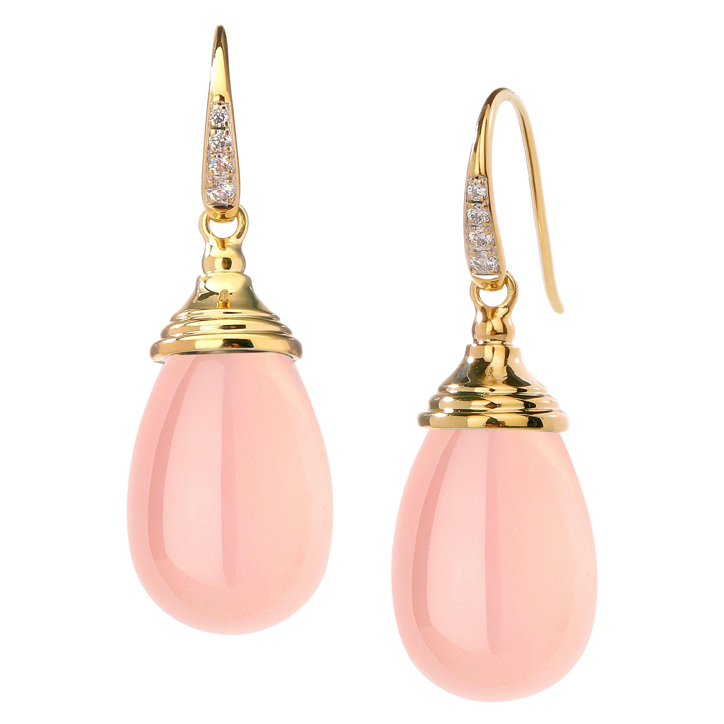 Syna Yellow Gold Rose Quartz Drop Earrings with Diamonds For Sale