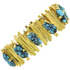 1970s Continental Modernist Turquoise Gold Bracelet