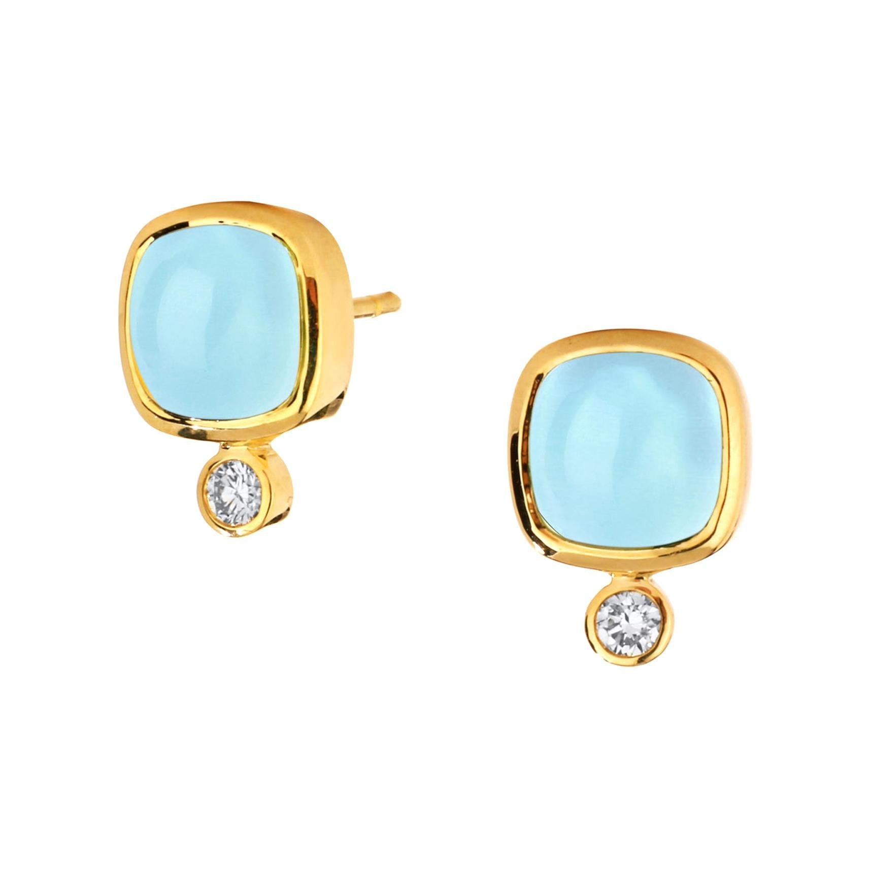 Syna Yellow Gold Aquamarine Sugarloaf Earrings with Diamonds For Sale