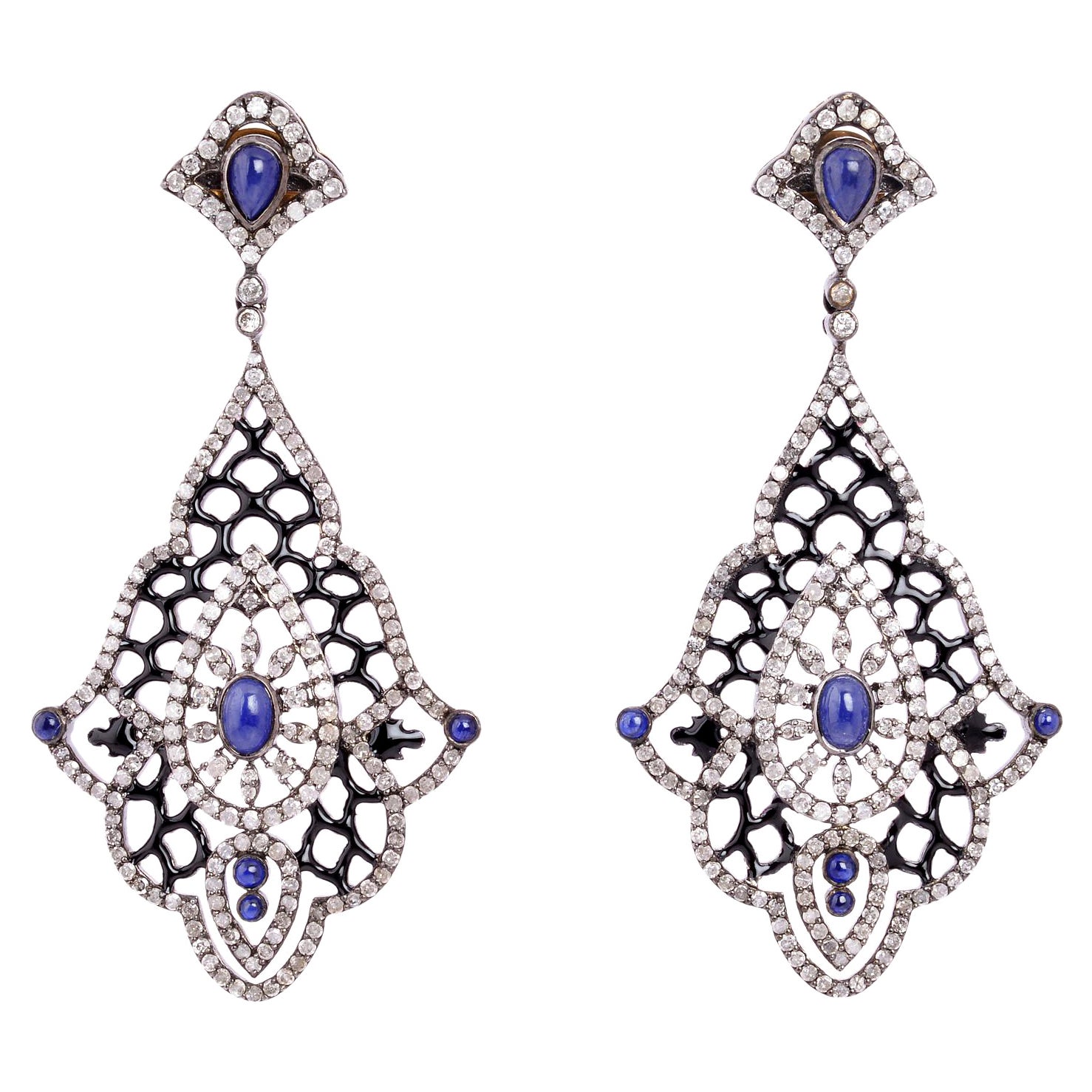 Designer Dangle Earring with Sapphire & Pave Diamonds Made in Gold & Silver For Sale