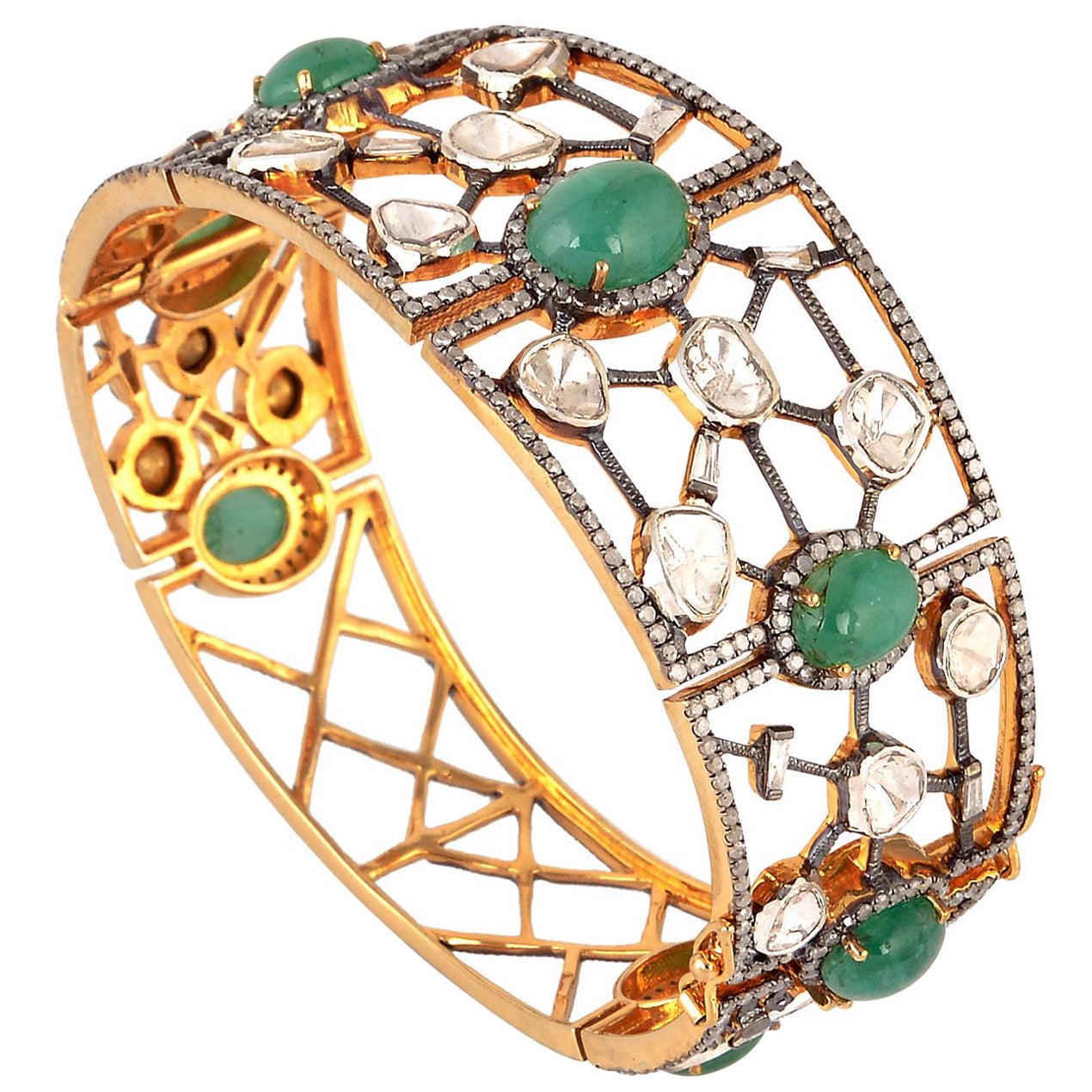 Bracelet jonc en or et argent 18 carats avec diamants et émeraudes, fait à la main