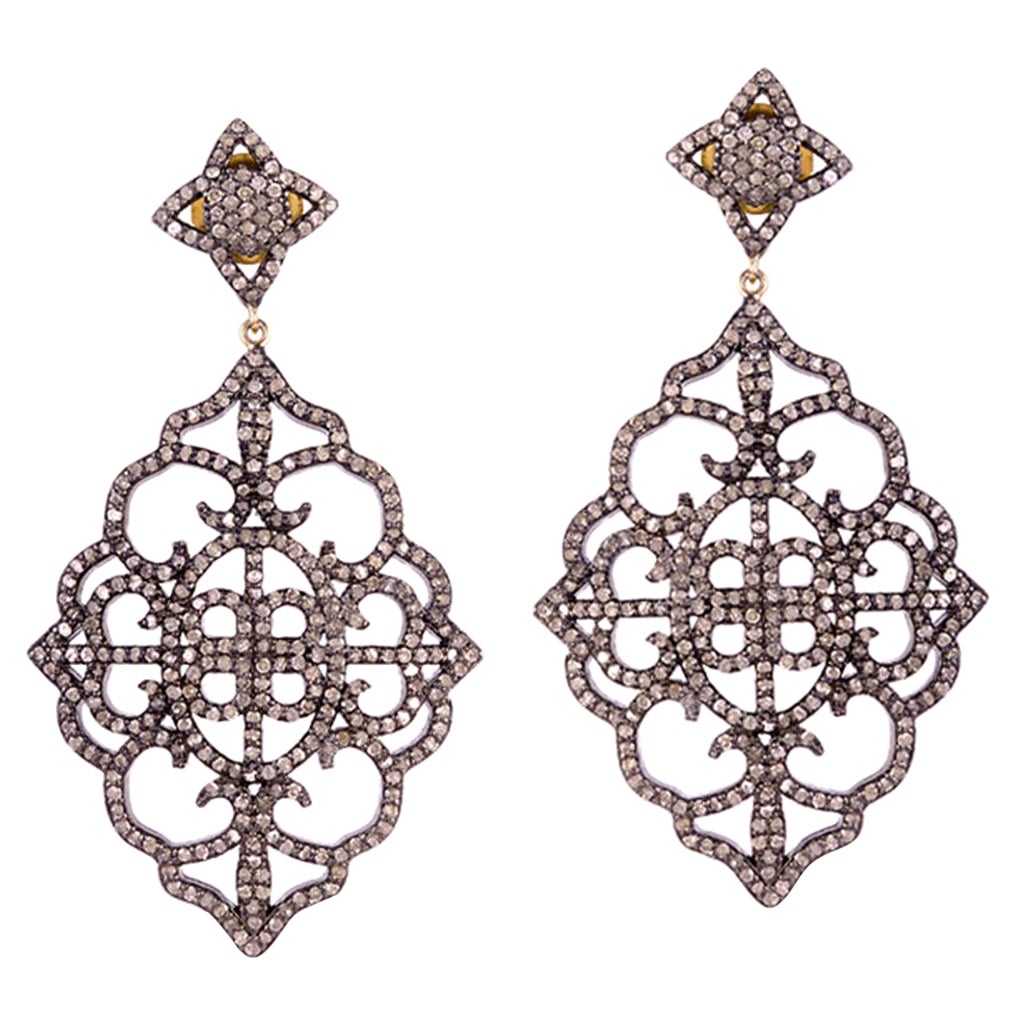 Floral Shape Pave Diamond Dangle Earring in Gold & Silver