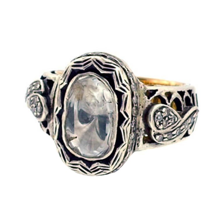 Floral Design Cocktail Ring with Center Diamond Made in 14k Gold & Silver For Sale