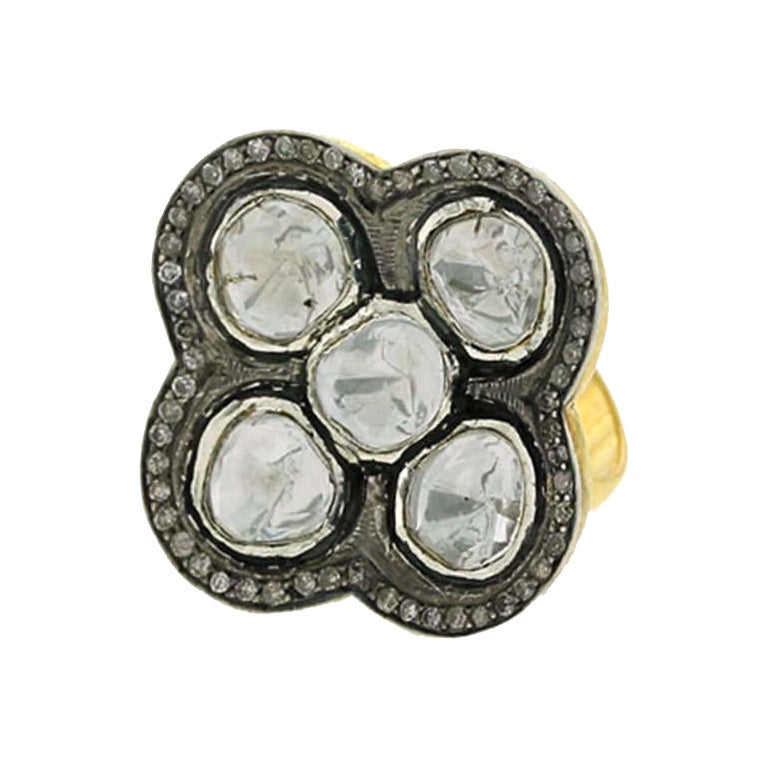 Designer Gold & Silver Clover Design Ring with Diamonds For Sale