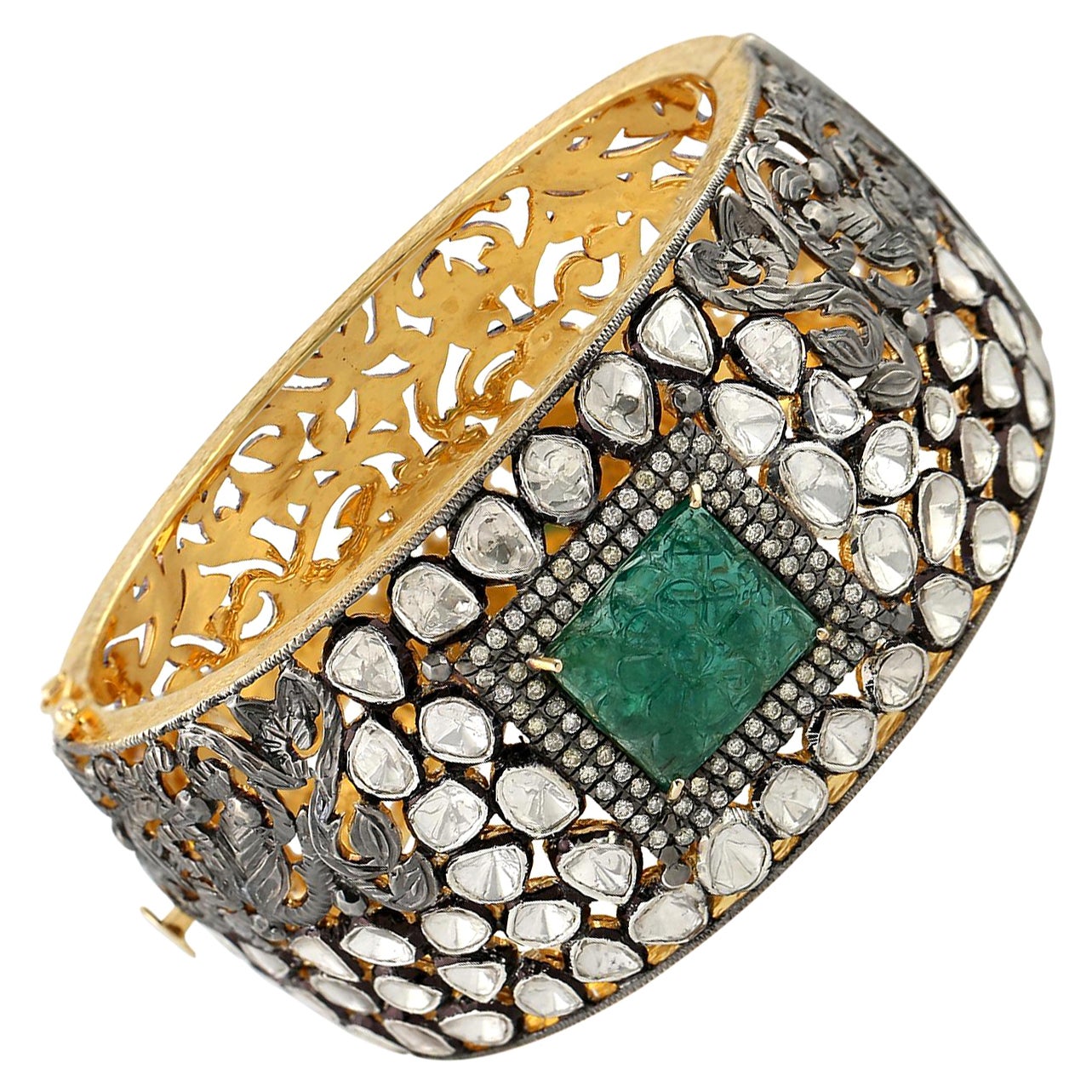 Ornamental Style Cuff With Carved Emerald Center With Rose Cut & Pave Diamonds  For Sale