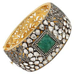 Ornamental Style Cuff With Carved Emerald Center With Rose Cut & Pave Diamonds
