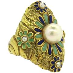 Antique Large Enamel Pearl Gold Ring